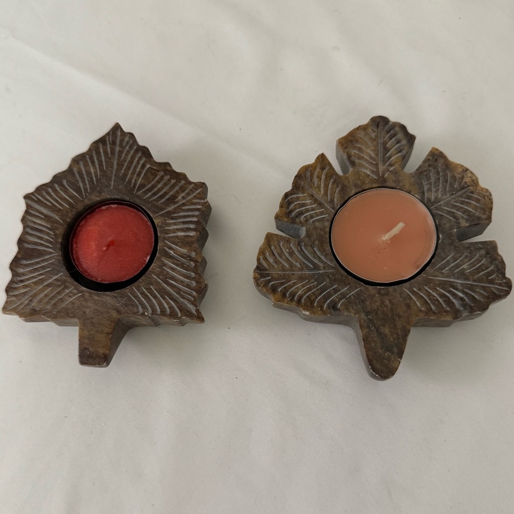 Hand Carved Stone Maple Leaf Tea light Holders set of 2